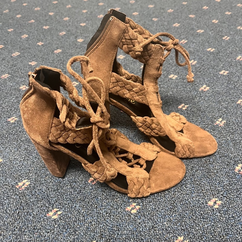 So Me Womens Sz 7.5 Sarah‎ Lace Up High Heel Sandals Taupe Shoes Braided Suede